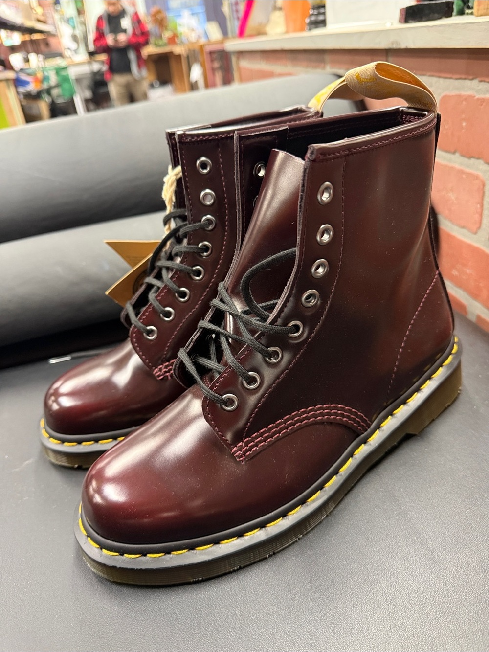Vegan Dr. Martens Burgundy Leather Lace-Up Boots with Yellow Accents